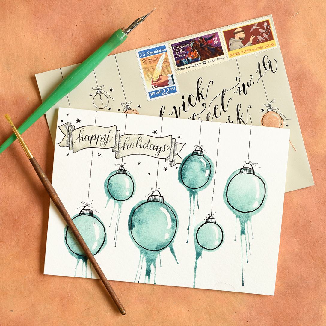Festive Blown Watercolor Ornaments DIY Holiday Card Tutorial