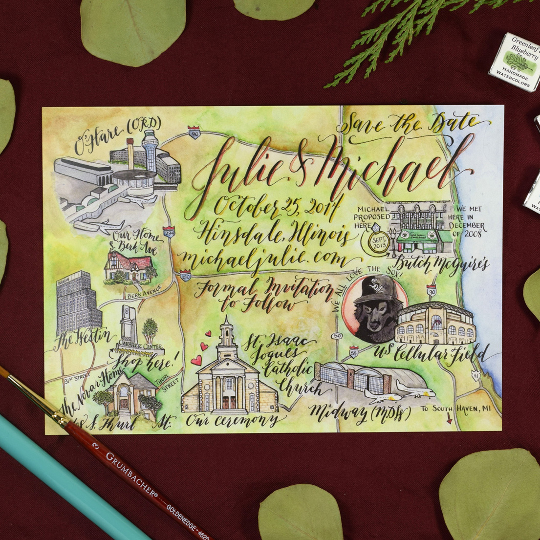 Kaitlin Style calligraphy is the star of this illustrated Save the Date map!