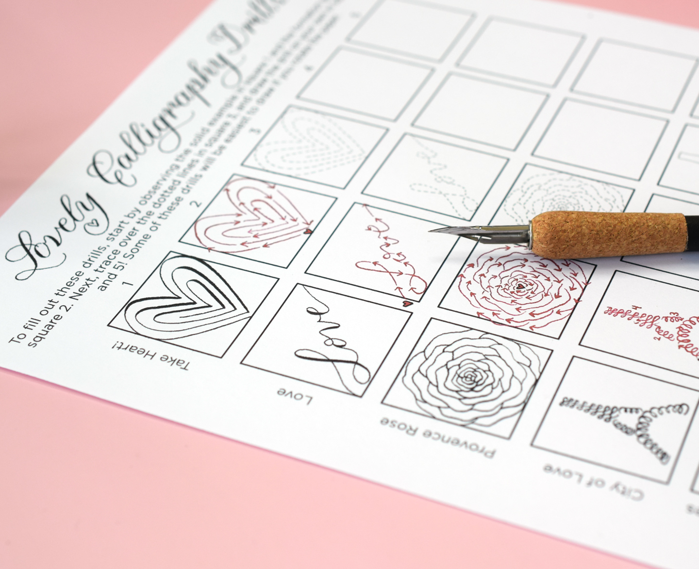 Free “Lovely Calligraphy Drills” Worksheet for Valentine’s Day