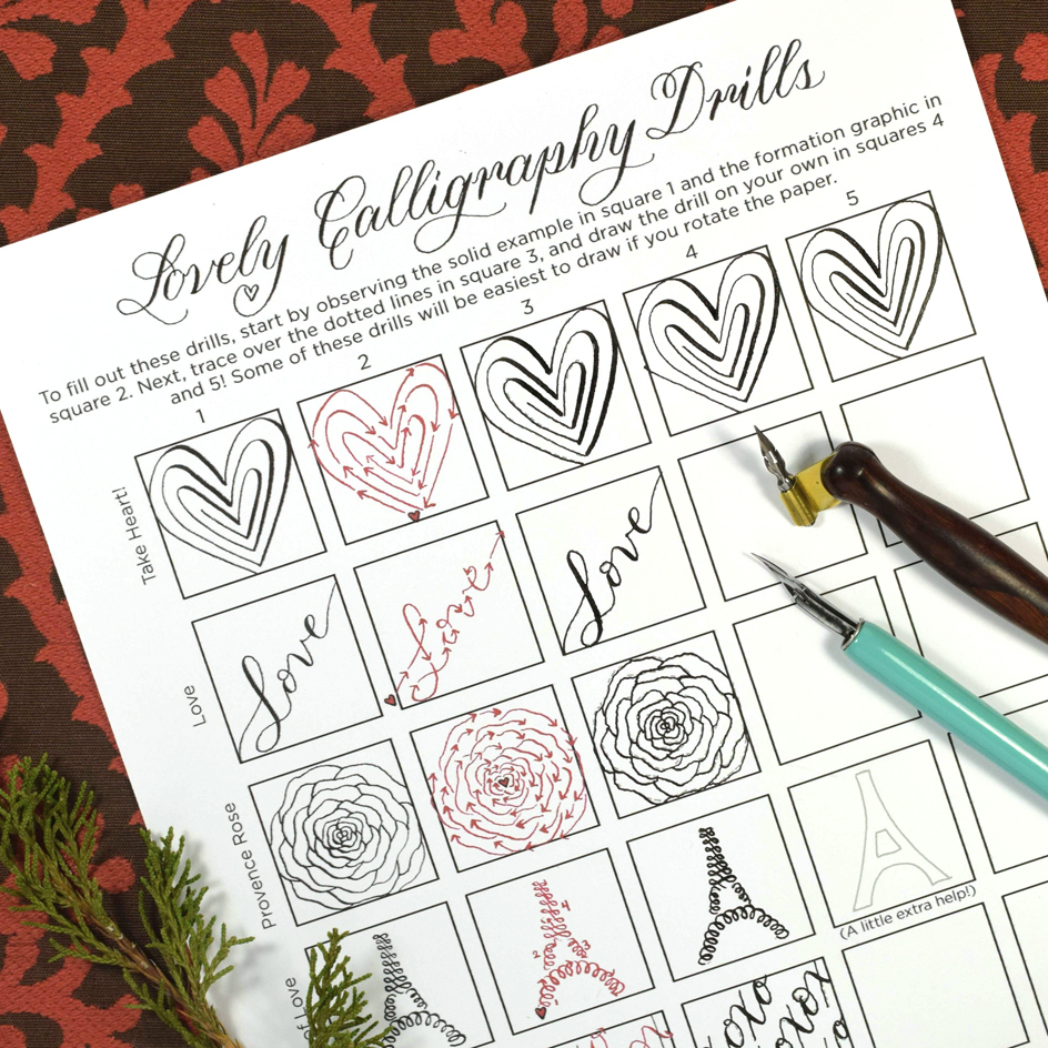 The Lovely Calligraphy Drills sheet features six Valentine's Day-themed drills for your practicing pleasure!