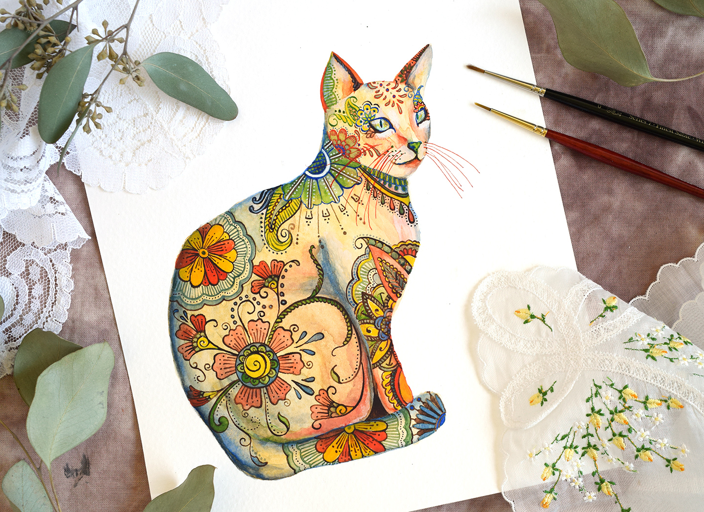 Henna Watercolor Cat Illustration Tutorial