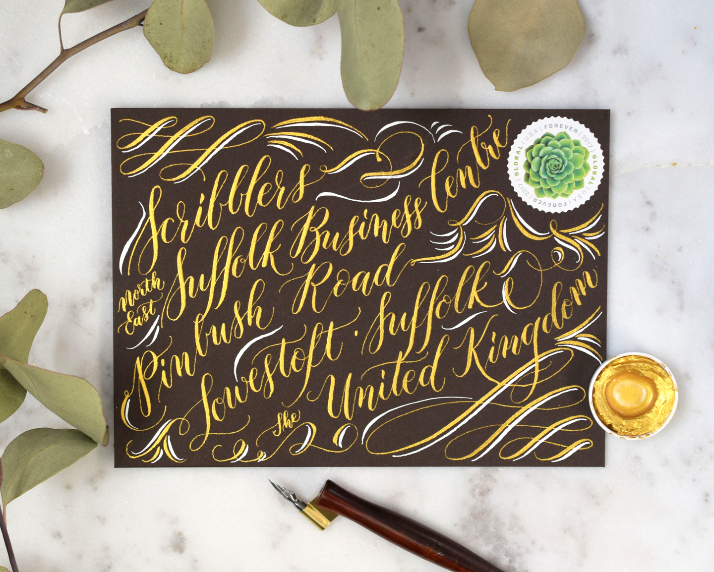 White and Gold Flourished Envelope Calligraphy Tutorial