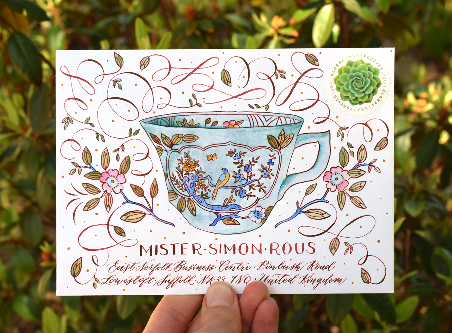 Intricate Teacup Envelope Art for “No More Boring Envelopes”