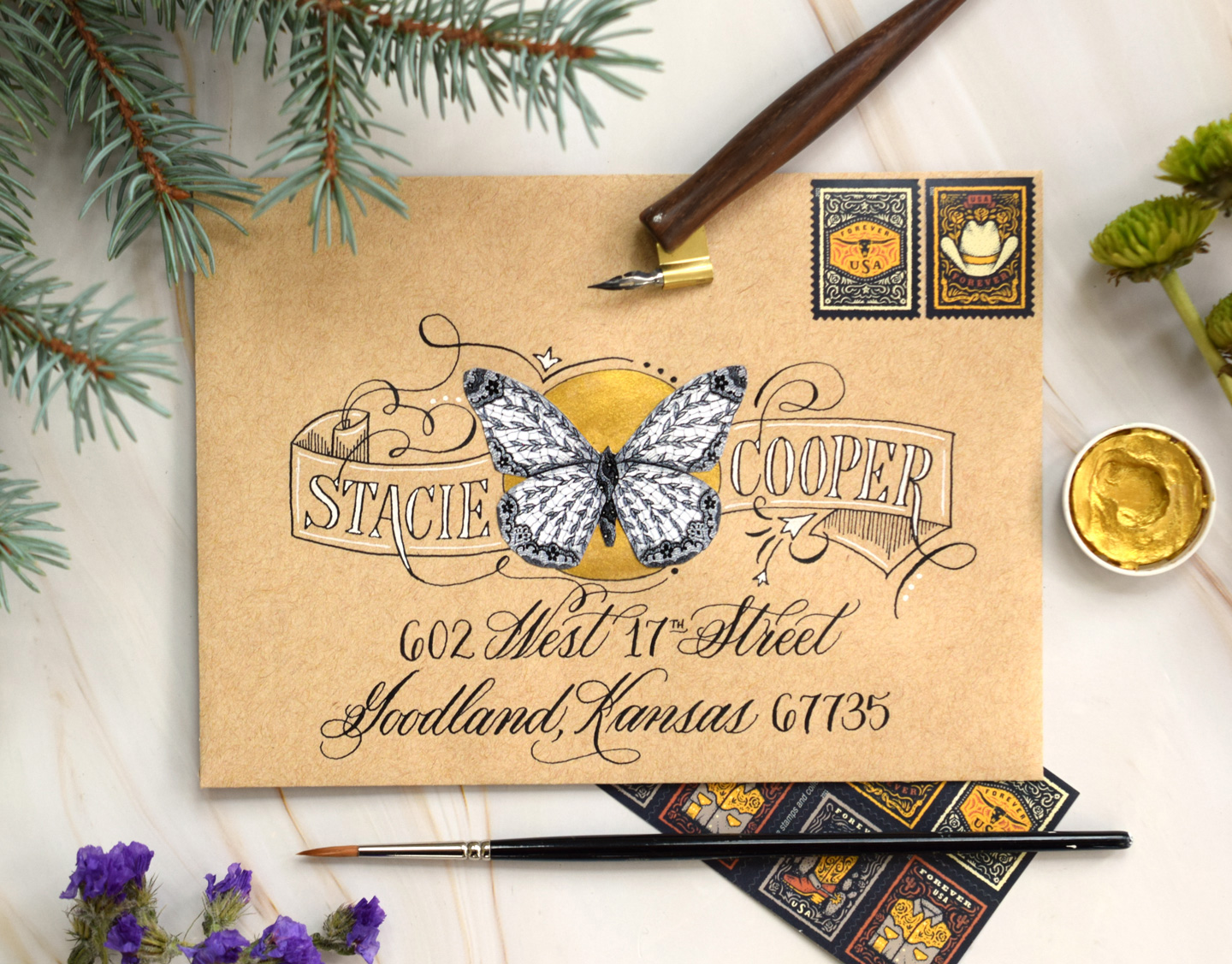 Intricate Golden Butterfly Envelope Art Tutorial