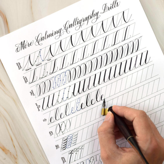 This sheet features 10 calming calligraphy drills.