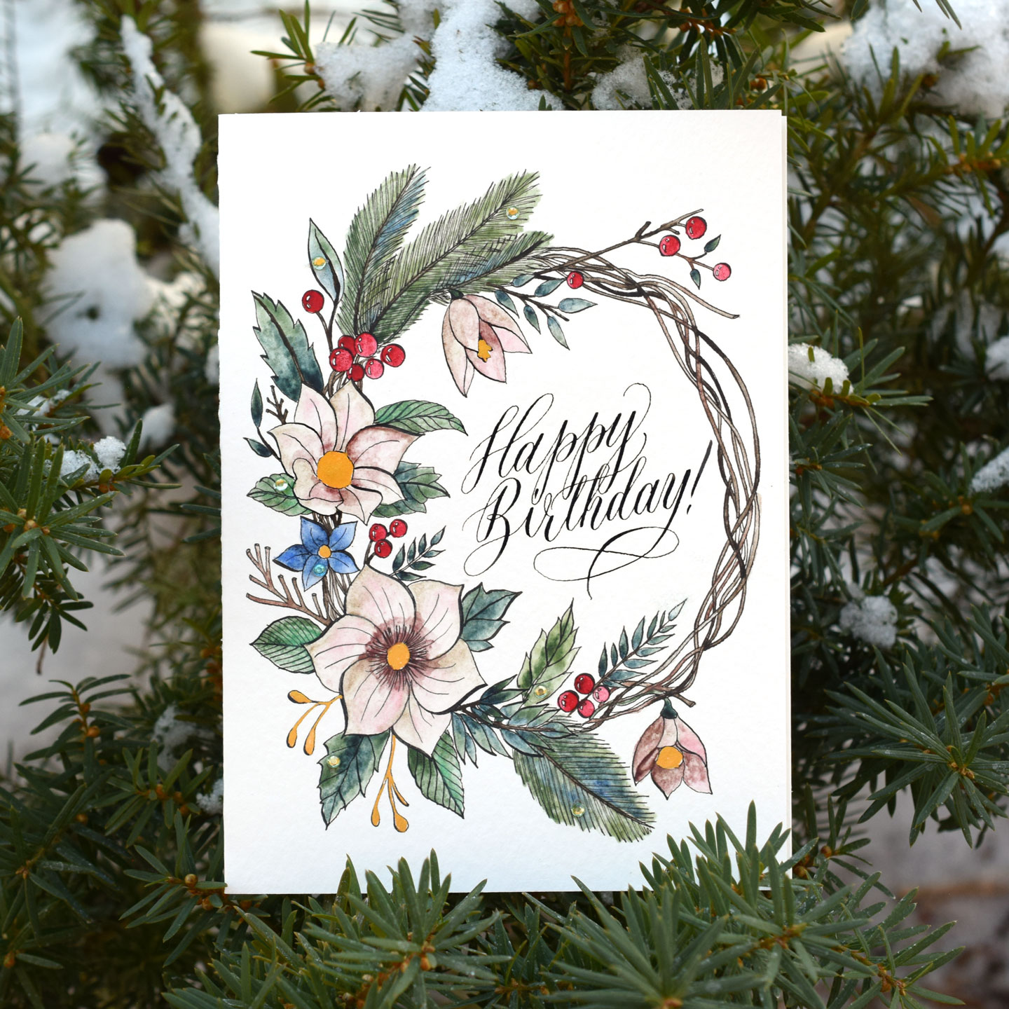 Watercolor Wreath Winter Birthday Card Tutorial